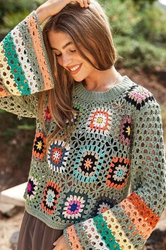 DAVI & DANI Floral Crochet Striped Sleeve Cropped Sweater