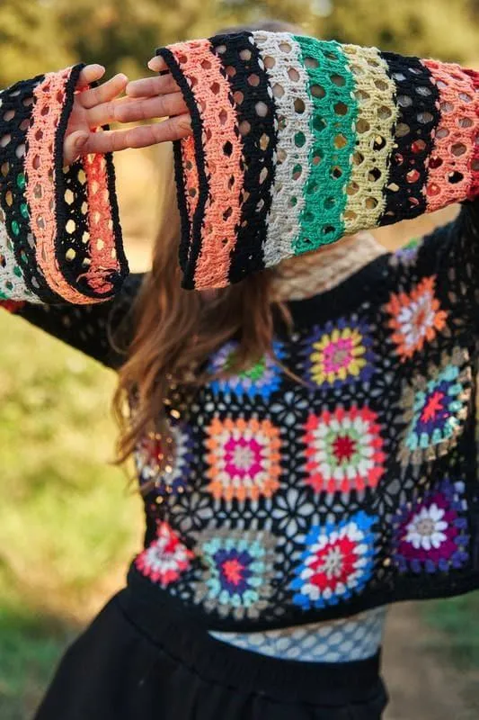 DAVI & DANI Floral Crochet Striped Sleeve Cropped Sweater