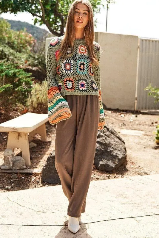 DAVI & DANI Floral Crochet Striped Sleeve Cropped Sweater
