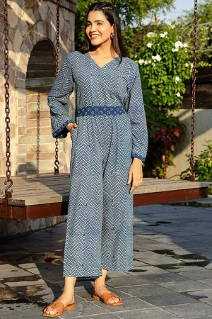 Dharan "Lily Jumpsuit " Indigo Block Printed Jumpsuit