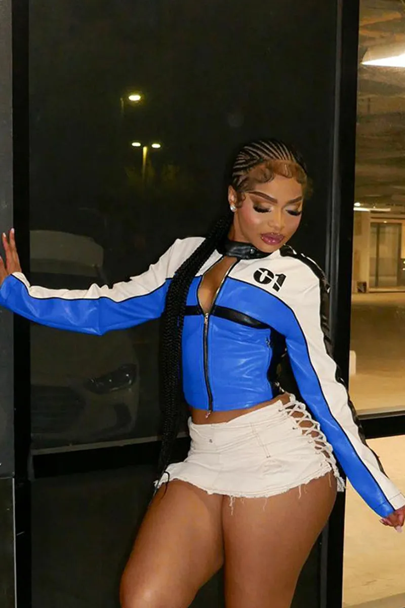 Digital Print Contrast Zipper Crop Leather Jacket