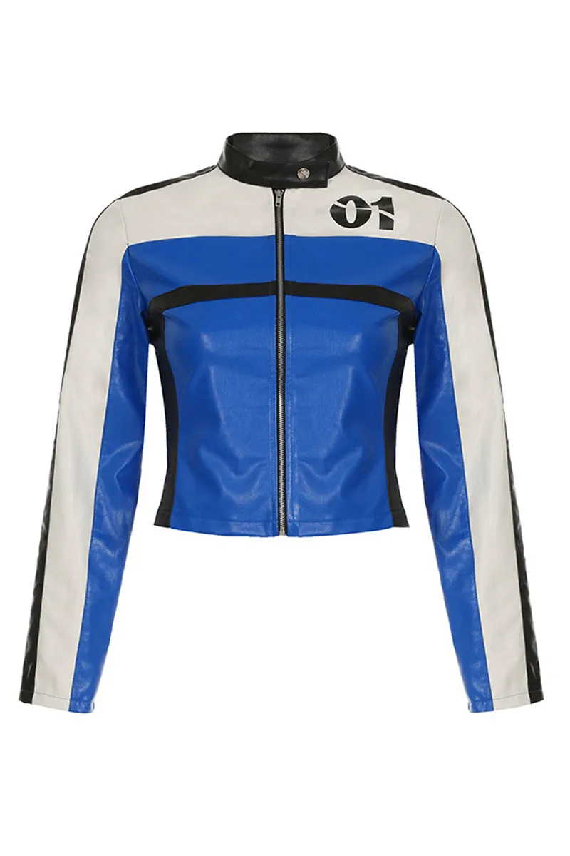 Digital Print Contrast Zipper Crop Leather Jacket