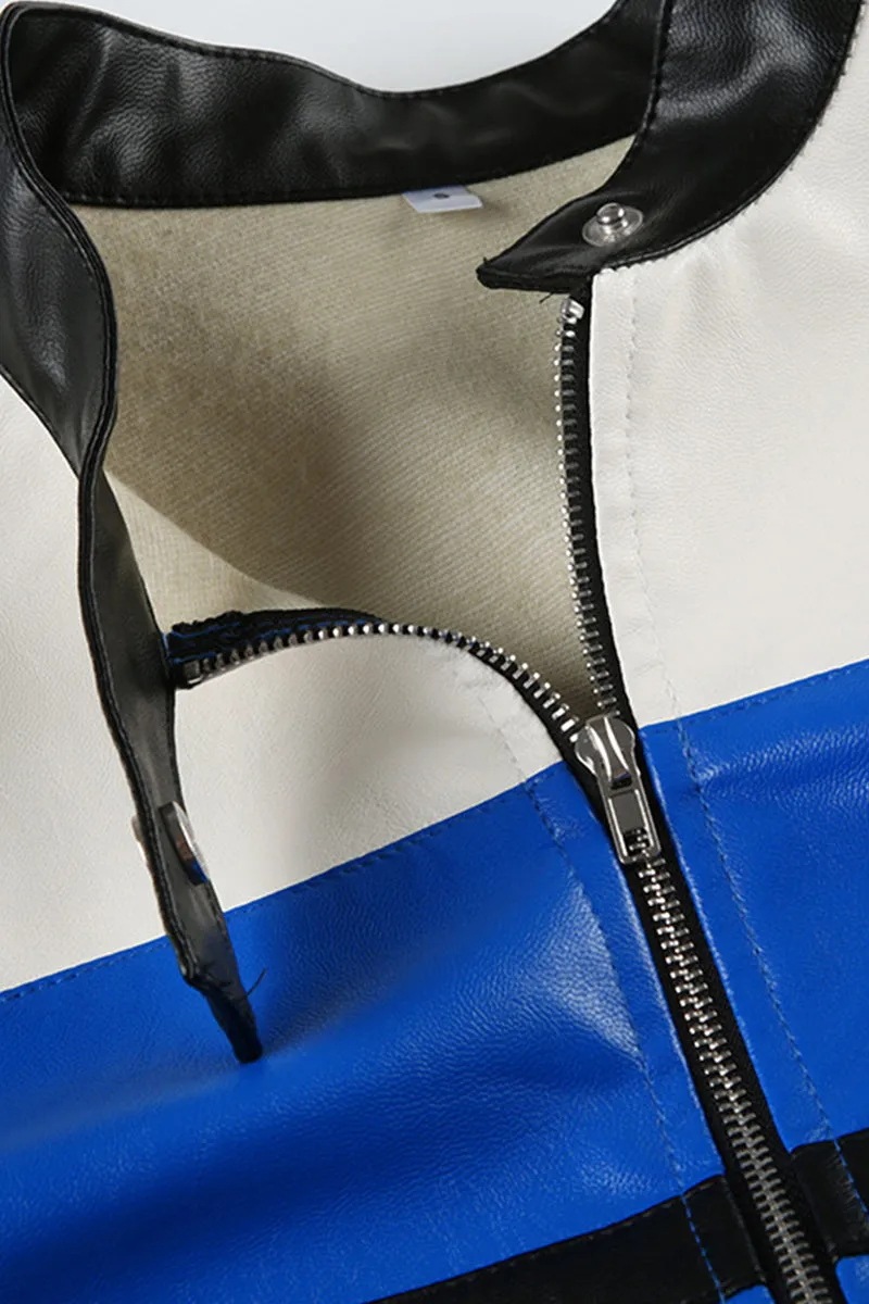 Digital Print Contrast Zipper Crop Leather Jacket