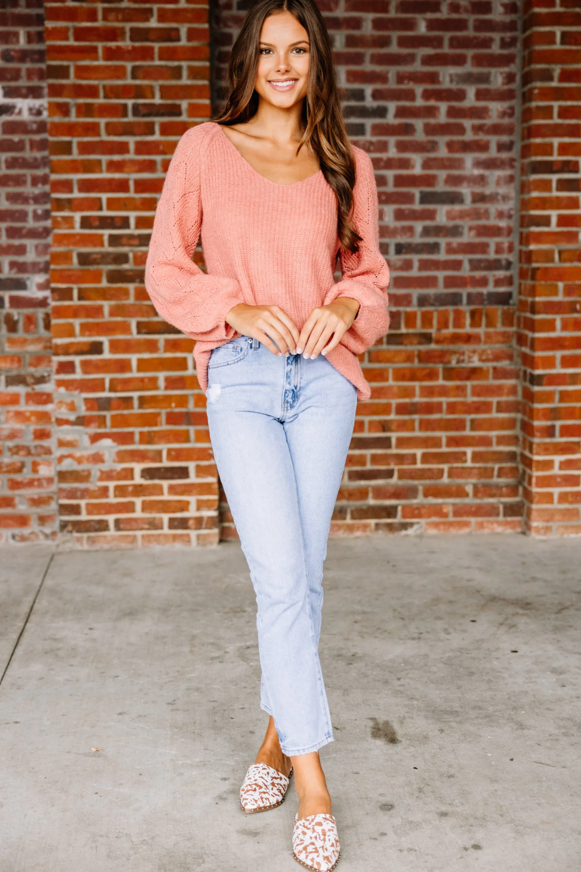 Don't Go Far Apricot Pink Bubble Sleeve Sweater