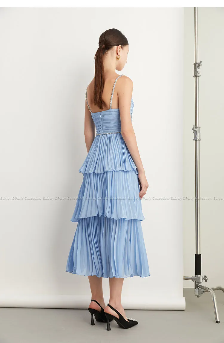 DPLAY Light Luxury Sky Blue Pressed Cake layer Dress - Ami