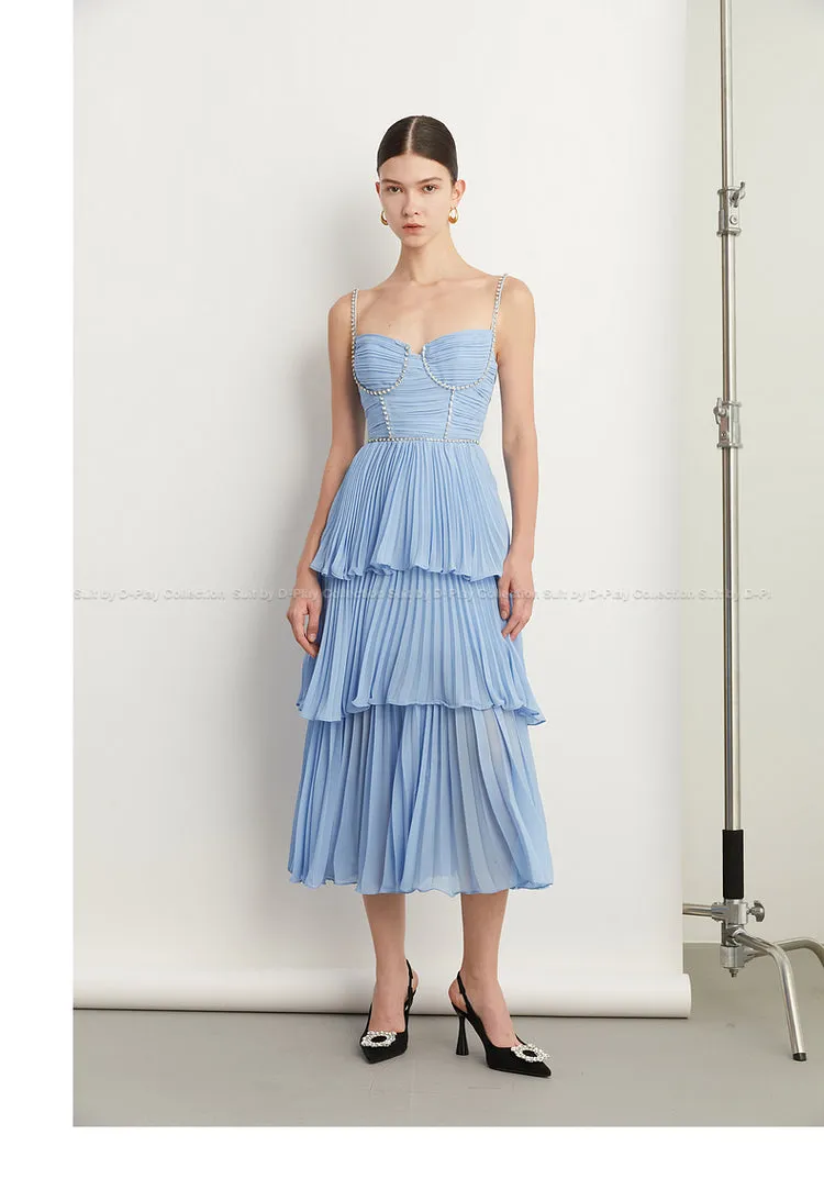 DPLAY Light Luxury Sky Blue Pressed Cake layer Dress - Ami