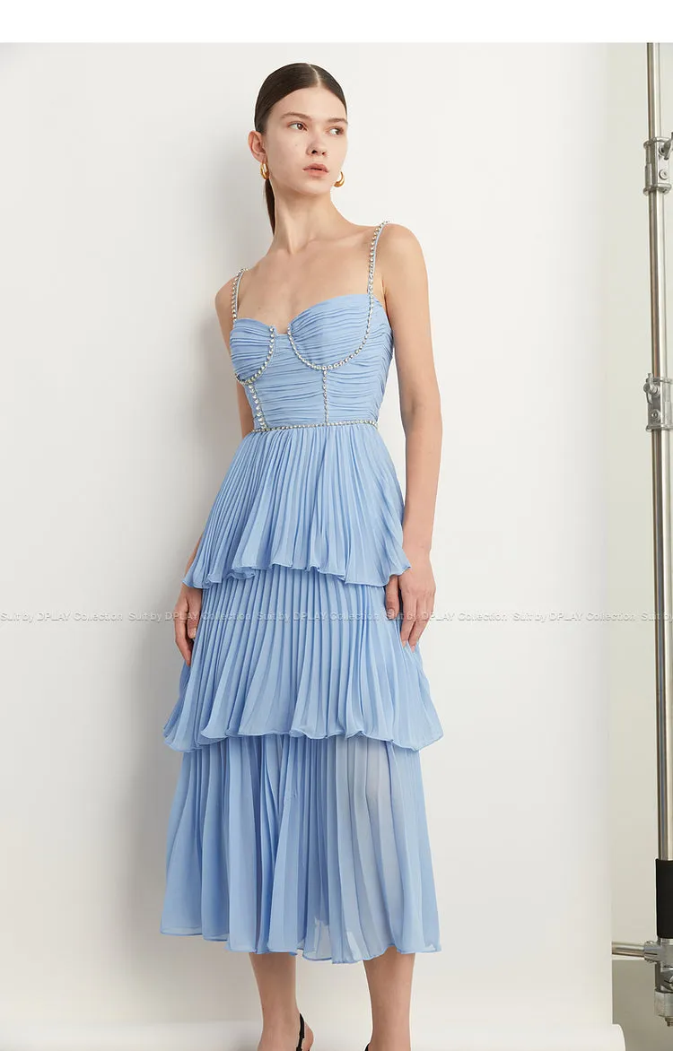DPLAY Light Luxury Sky Blue Pressed Cake layer Dress - Ami