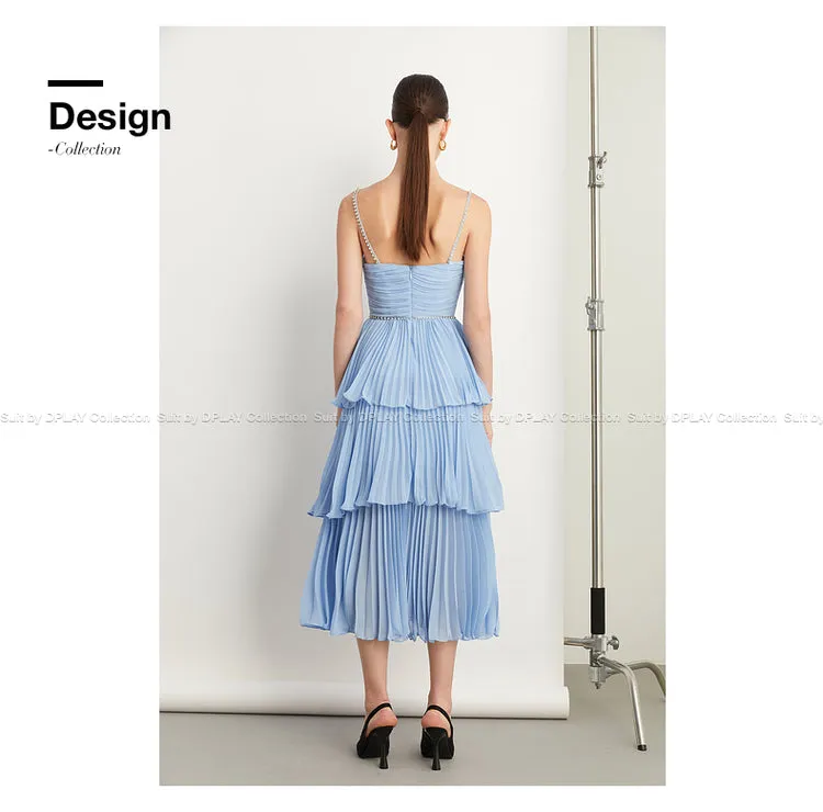 DPLAY Light Luxury Sky Blue Pressed Cake layer Dress - Ami