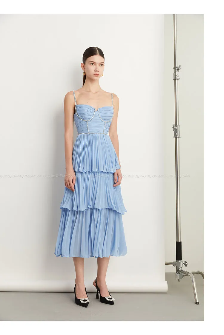 DPLAY Light Luxury Sky Blue Pressed Cake layer Dress - Ami