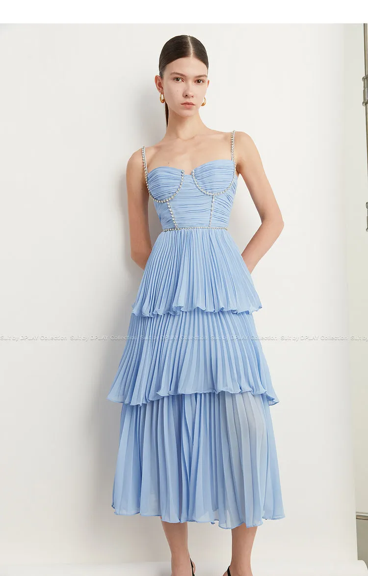 DPLAY Light Luxury Sky Blue Pressed Cake layer Dress - Ami