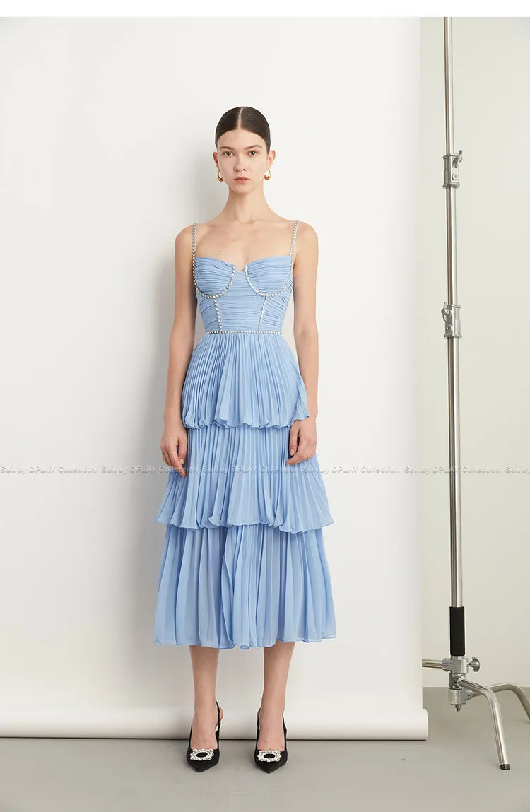 DPLAY Light Luxury Sky Blue Pressed Cake layer Dress - Ami