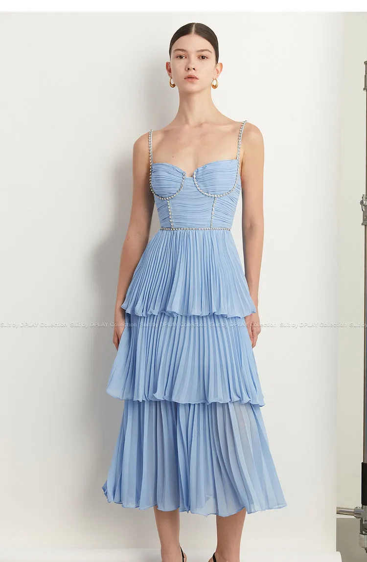 DPLAY Light Luxury Sky Blue Pressed Cake layer Dress - Ami
