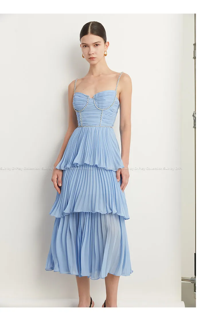 DPLAY Light Luxury Sky Blue Pressed Cake layer Dress - Ami