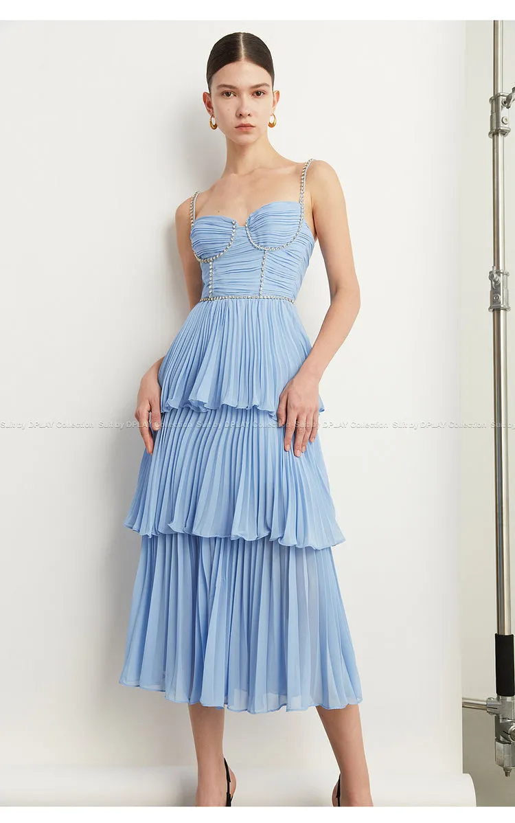 DPLAY Light Luxury Sky Blue Pressed Cake layer Dress - Ami