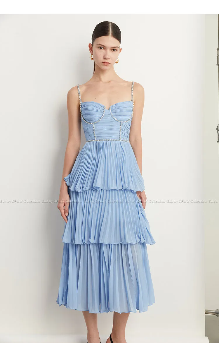 DPLAY Light Luxury Sky Blue Pressed Cake layer Dress - Ami
