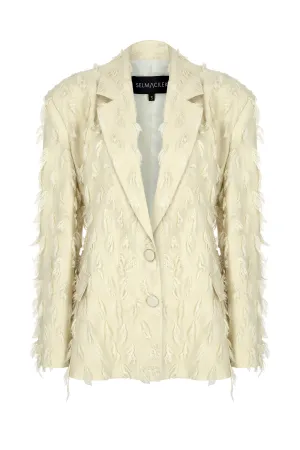 ECRU FRINGE DETAILED WAIST FITTED BLAZER JACKET