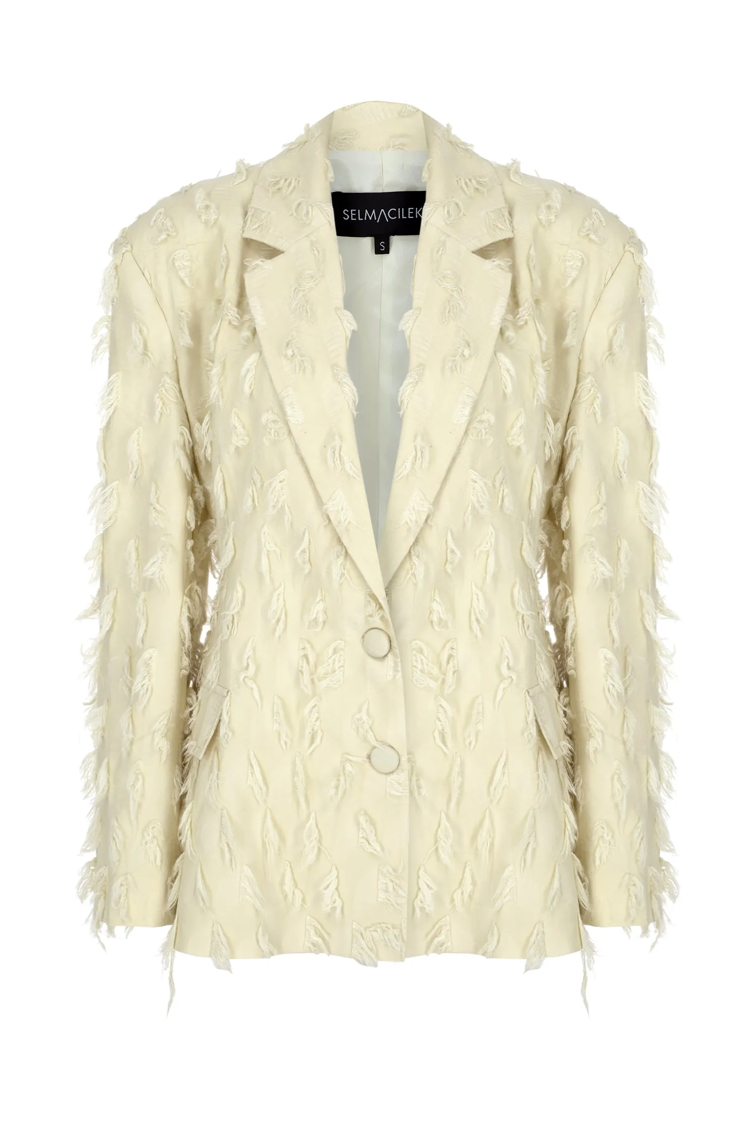 ECRU FRINGE DETAILED WAIST FITTED BLAZER JACKET