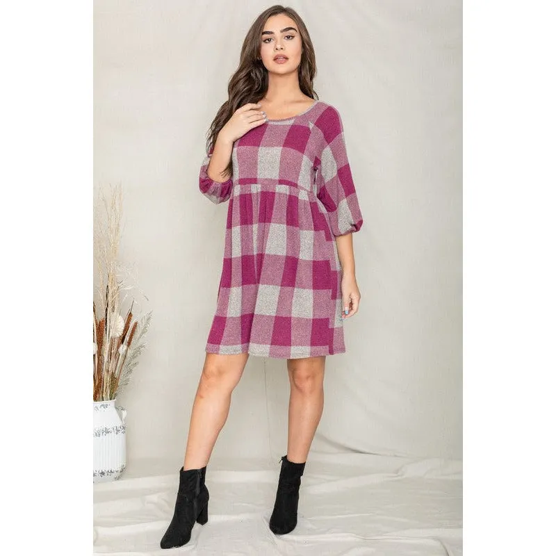 EG FASHION Plaid Balloon Sleeve Midi Dress