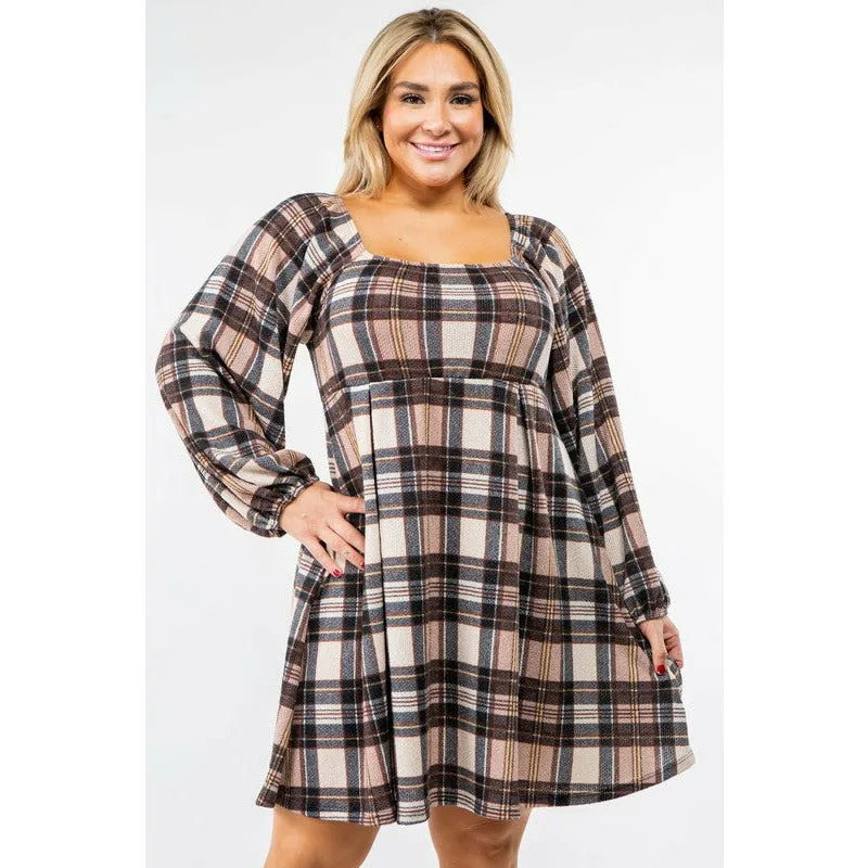 EG Fashion Plus Plaid Balloon Sleeve Midi Dress