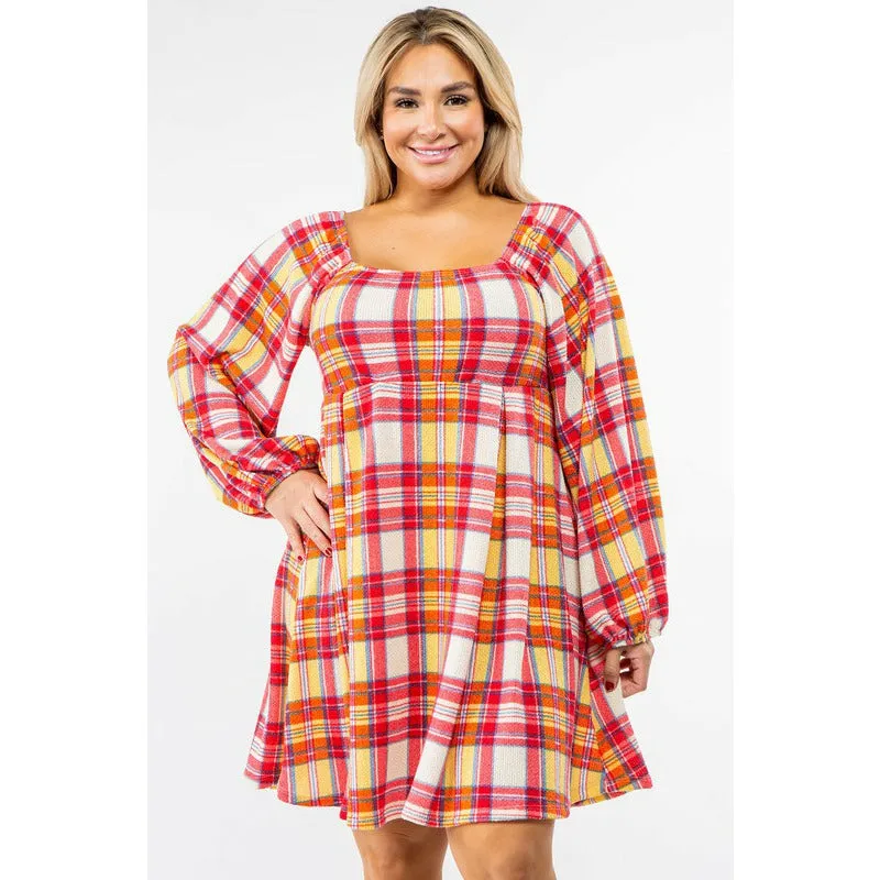 EG Fashion Plus Plaid Balloon Sleeve Midi Dress