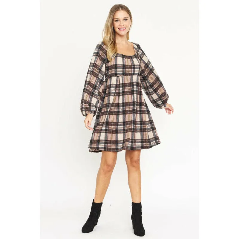 EG Fashion Plus Plaid Balloon Sleeve Midi Dress