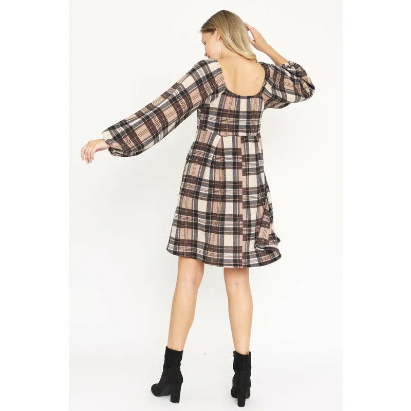 EG Fashion Plus Plaid Balloon Sleeve Midi Dress