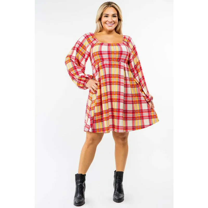 EG Fashion Plus Plaid Balloon Sleeve Midi Dress