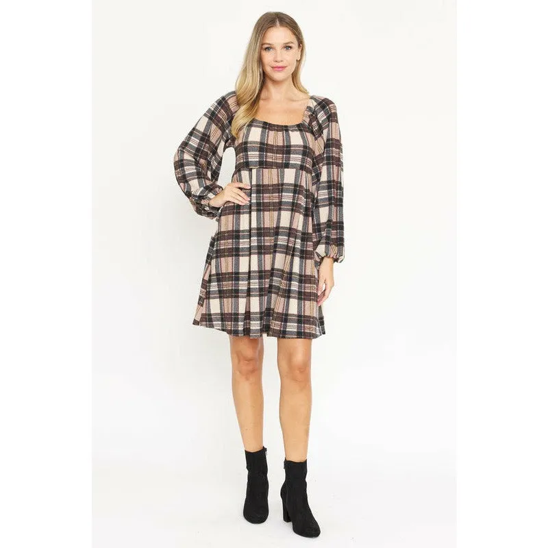 EG Fashion Plus Plaid Balloon Sleeve Midi Dress