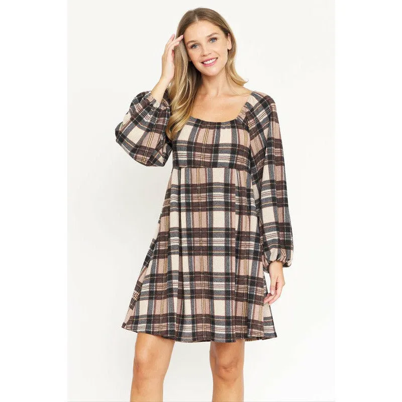 EG Fashion Plus Plaid Balloon Sleeve Midi Dress
