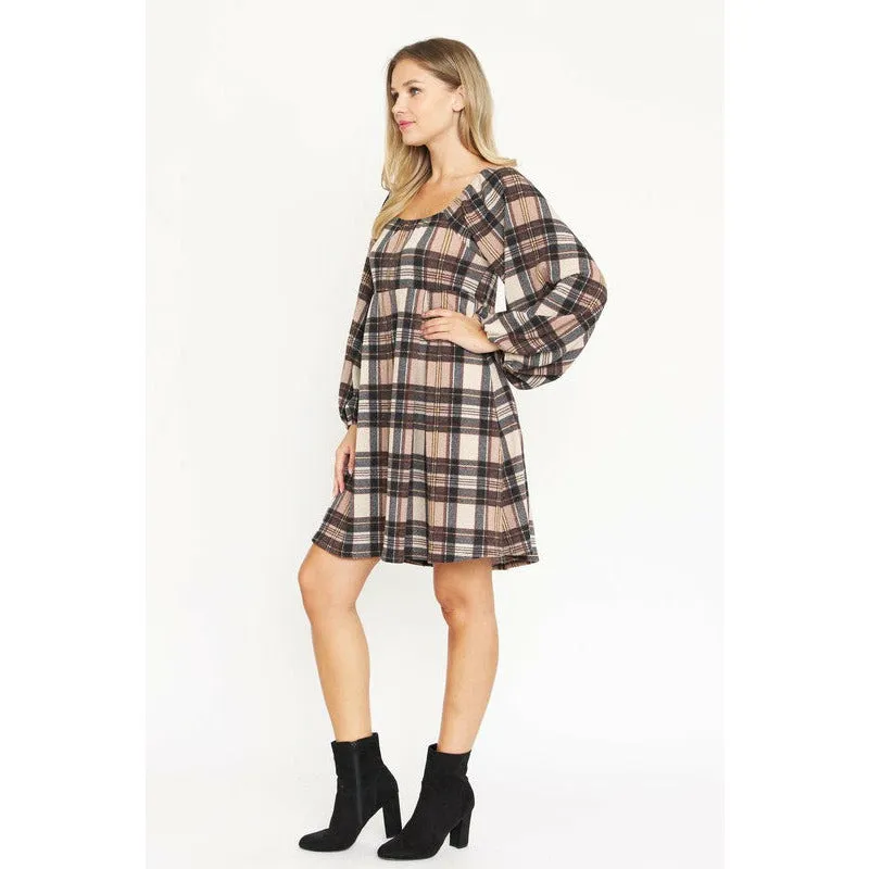 EG Fashion Plus Plaid Balloon Sleeve Midi Dress