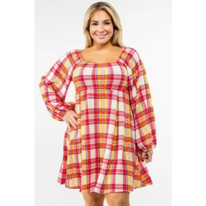 EG Fashion Plus Plaid Balloon Sleeve Midi Dress