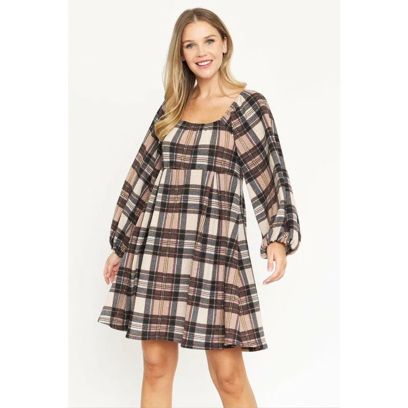 EG Fashion Plus Plaid Balloon Sleeve Midi Dress