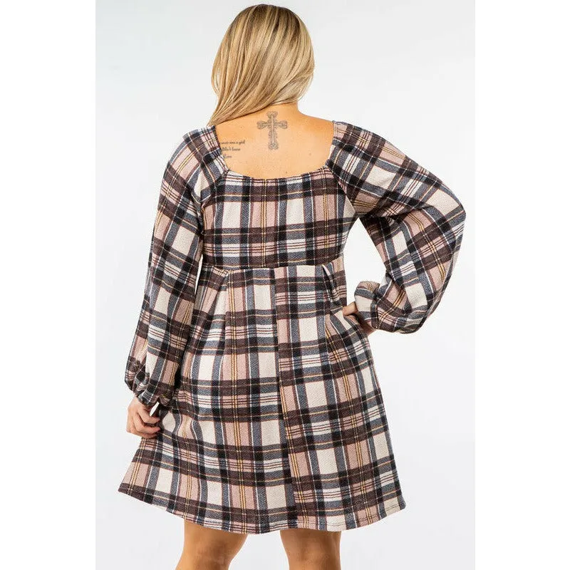 EG Fashion Plus Plaid Balloon Sleeve Midi Dress
