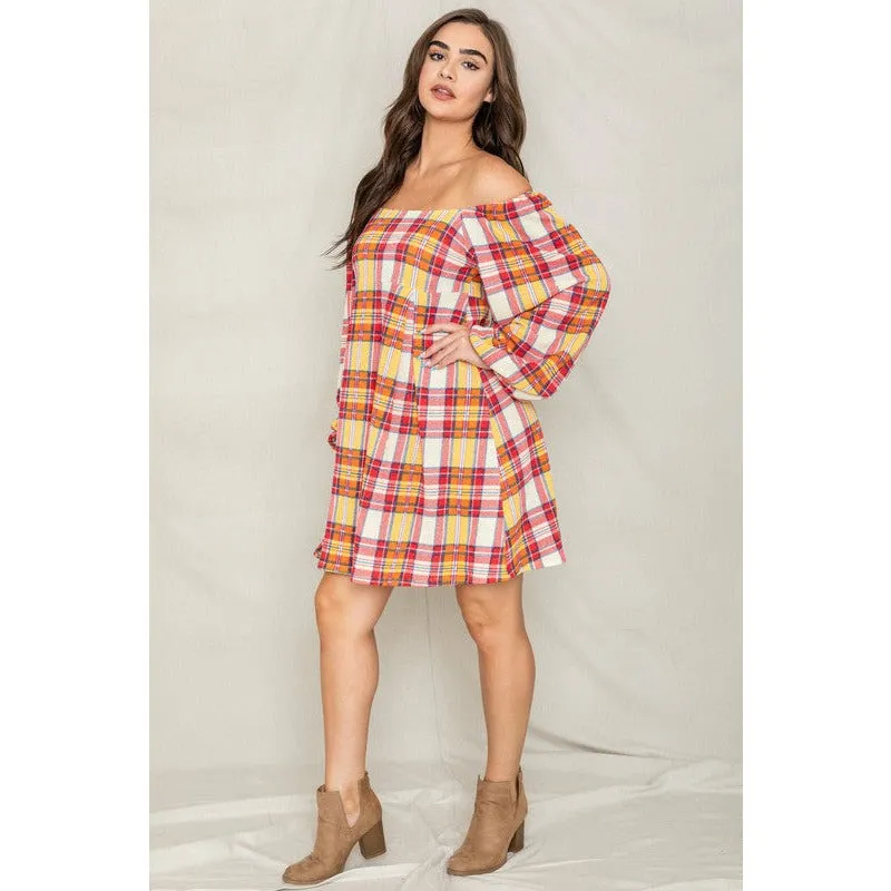 EG Fashion Plus Plaid Balloon Sleeve Midi Dress