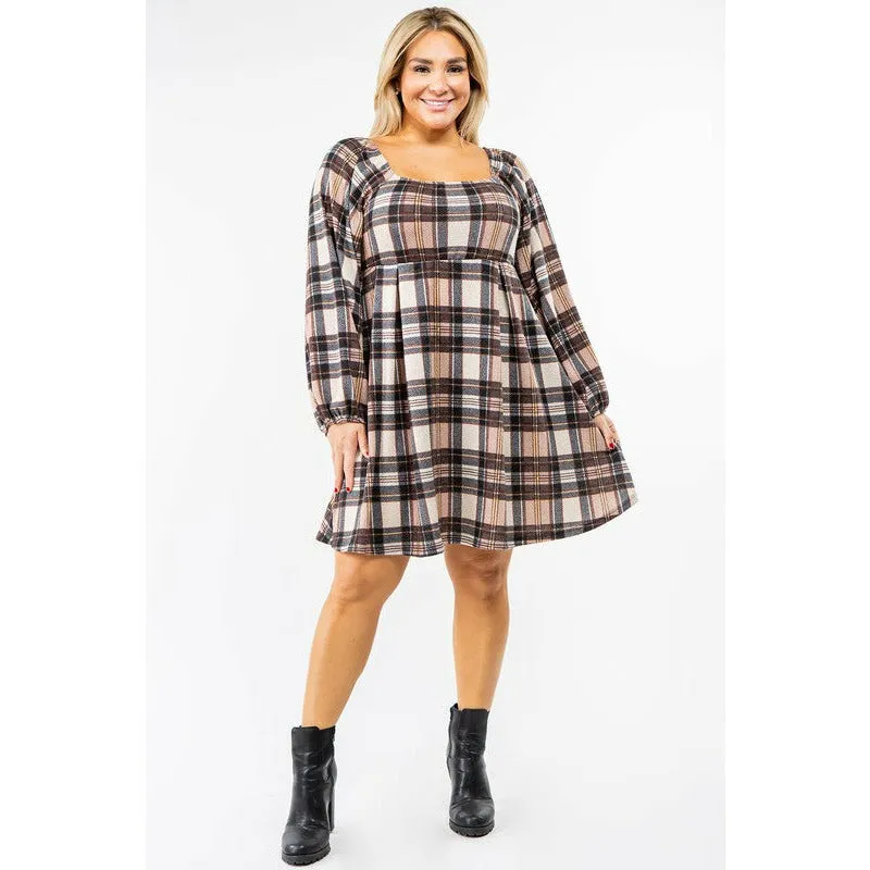EG Fashion Plus Plaid Balloon Sleeve Midi Dress