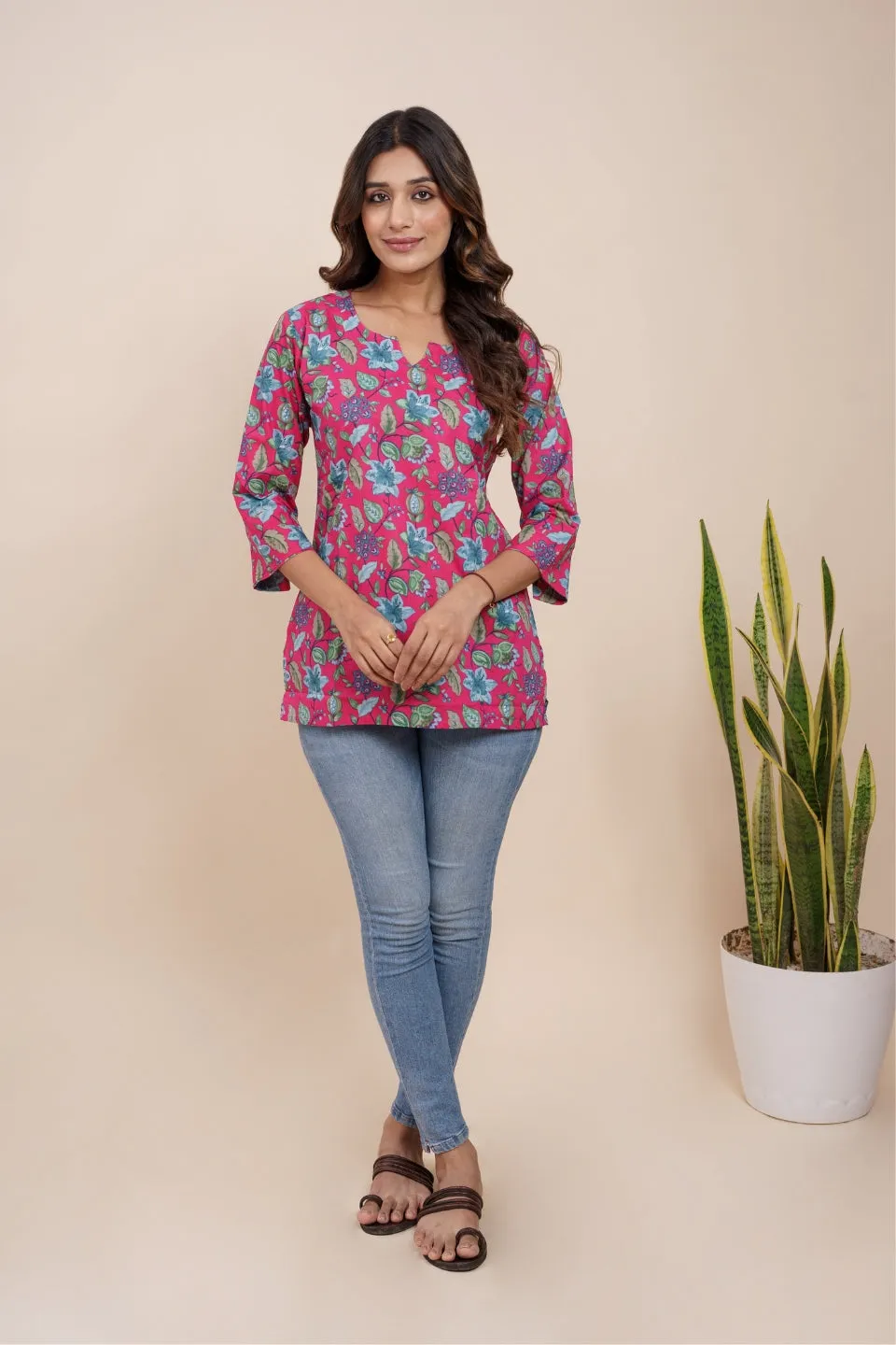 Ekisha's women dark pink beautiful designer floral printed cotton tunic top short kurti