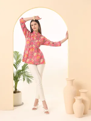 Ekisha's women pink designer floral printed cotton tunic top short kurti