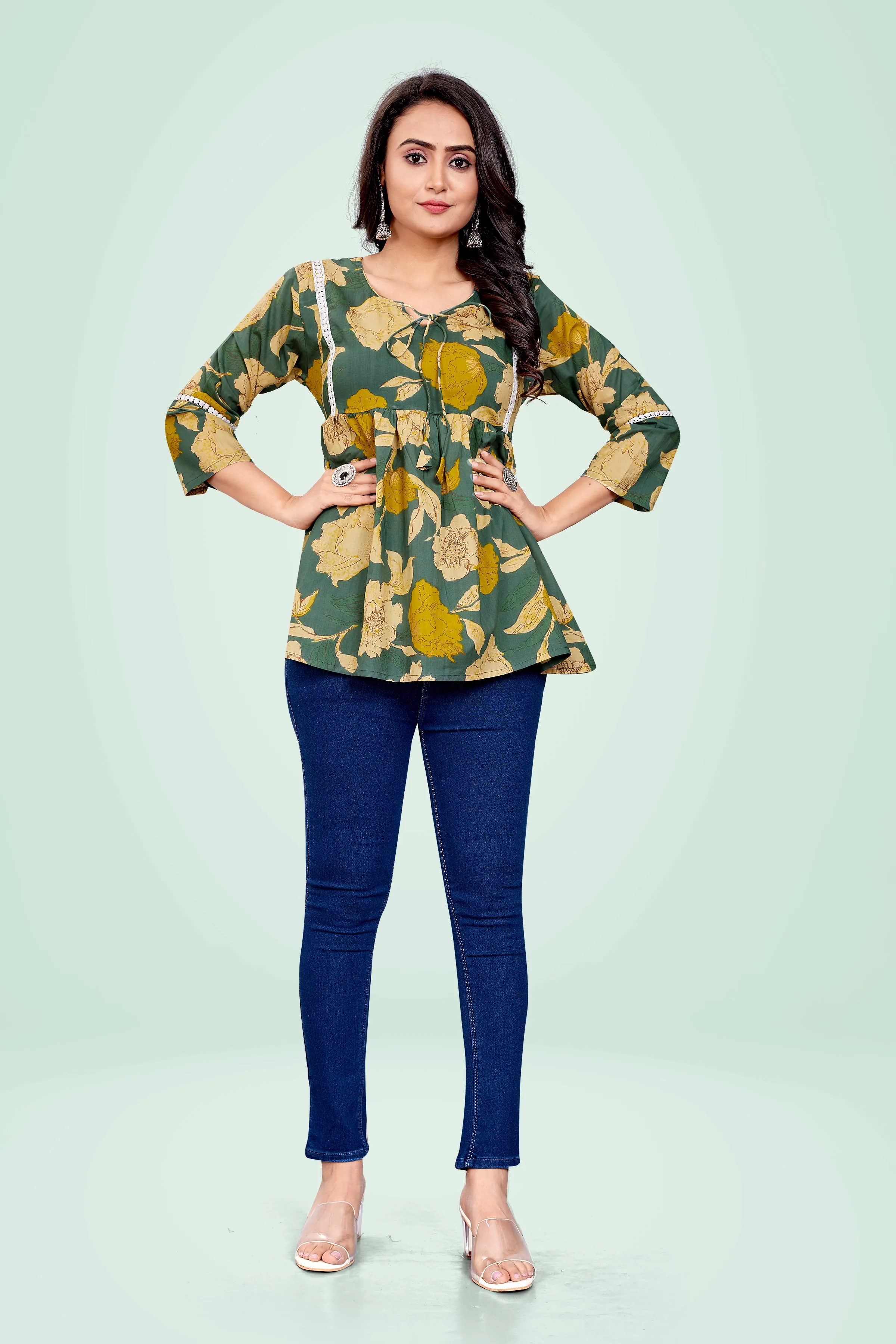 Ekisha's women printed green floral cotton tunic top short kurti