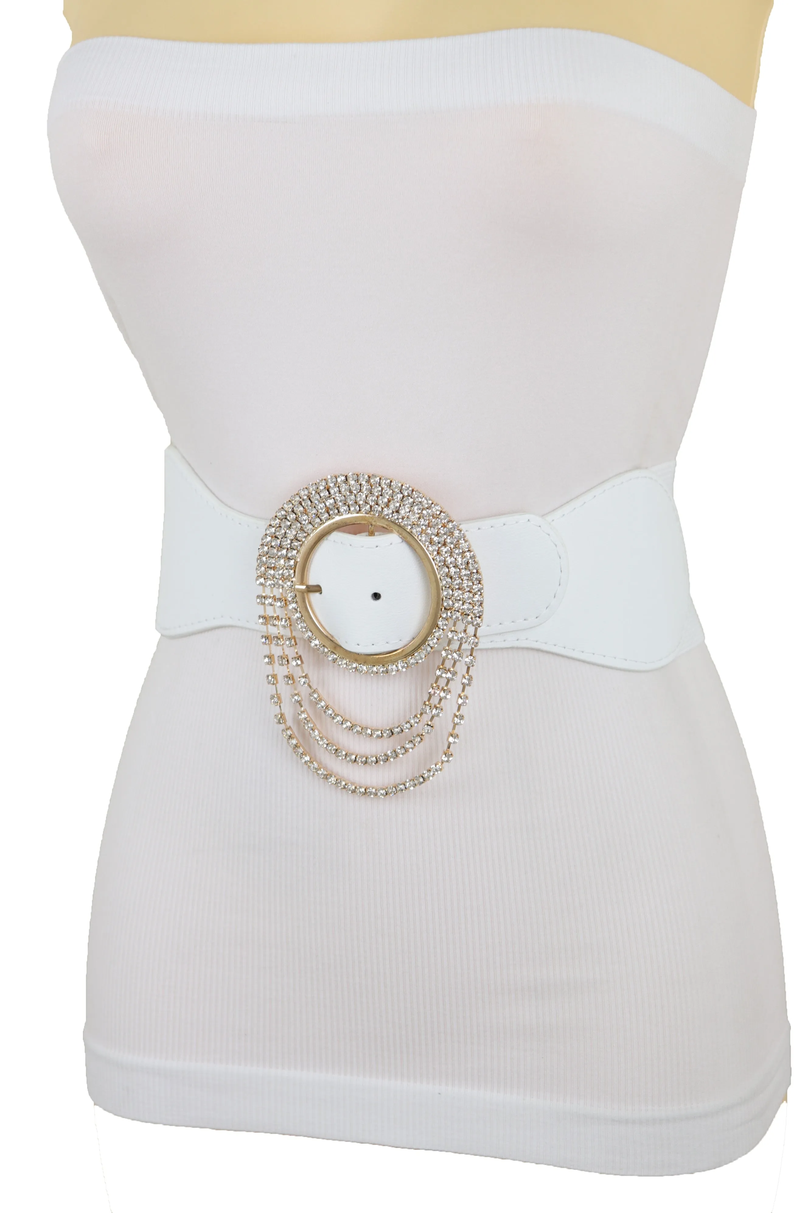 Elastic Winter White Color Fashion Wide Belt Gold Round Buckle Size S M