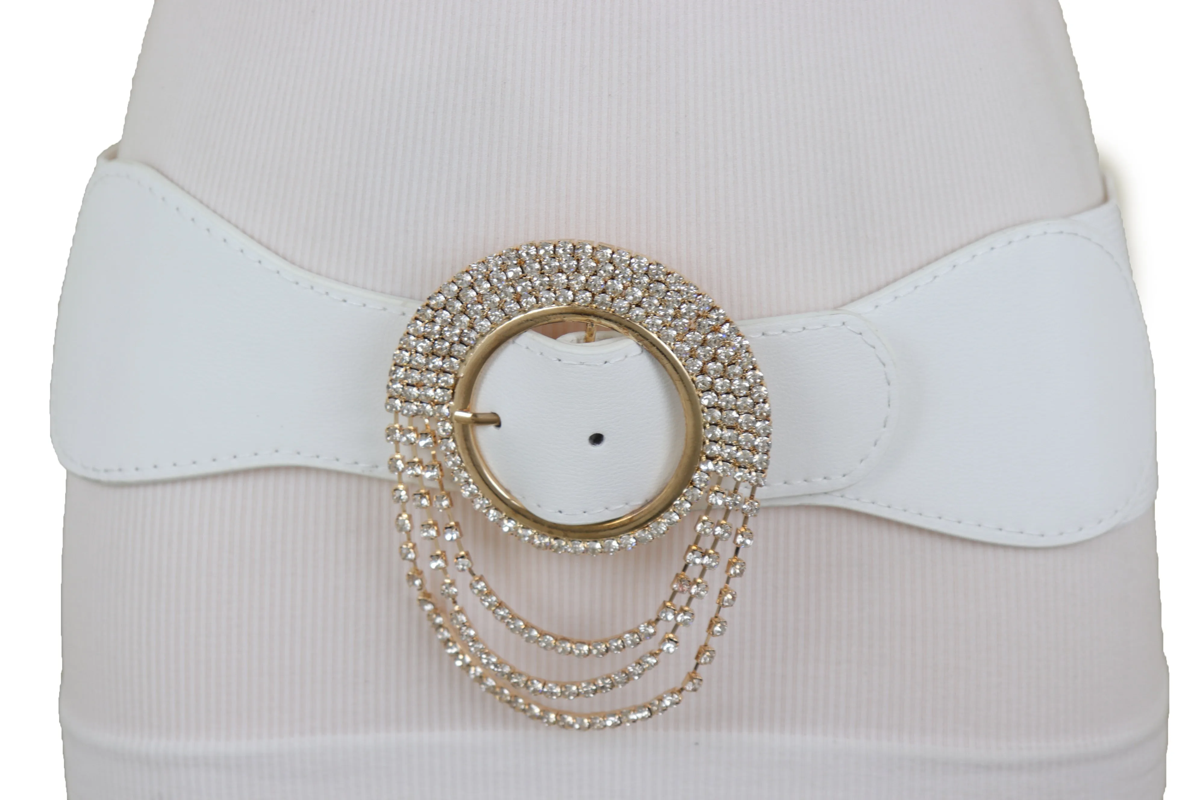 Elastic Winter White Color Fashion Wide Belt Gold Round Buckle Size S M