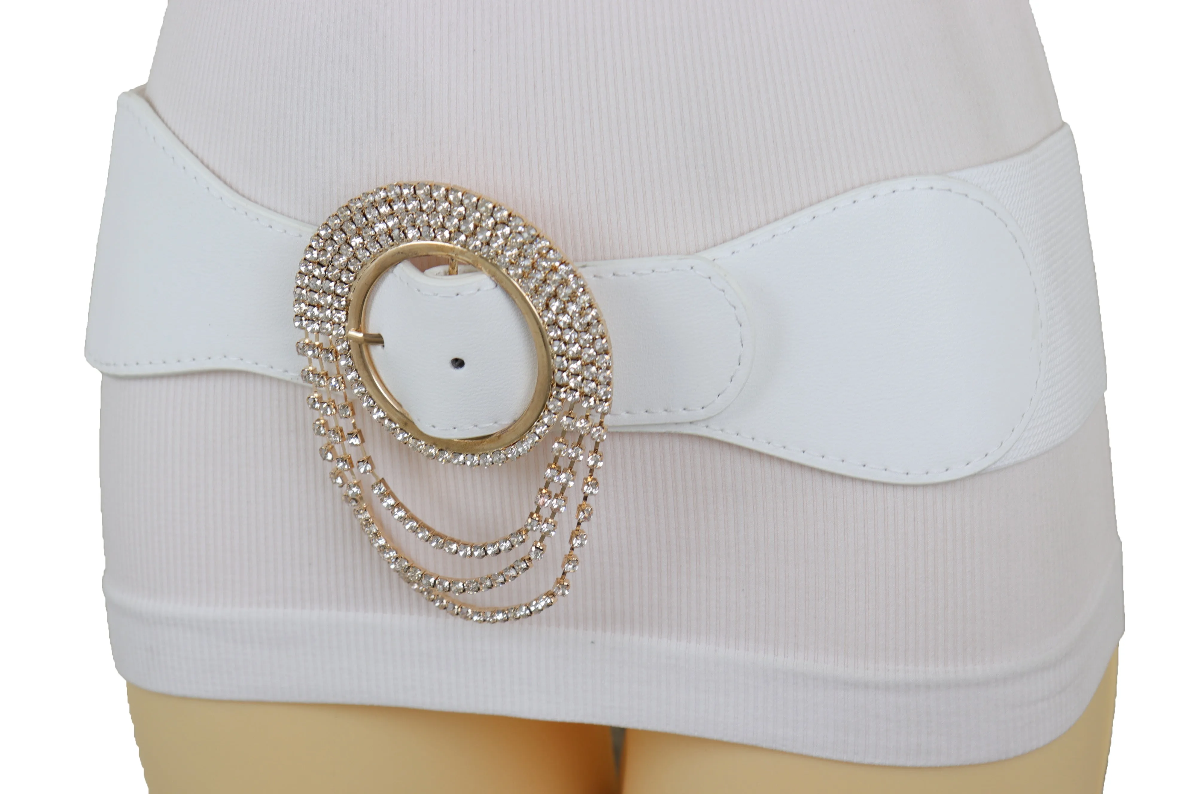 Elastic Winter White Color Fashion Wide Belt Gold Round Buckle Size S M