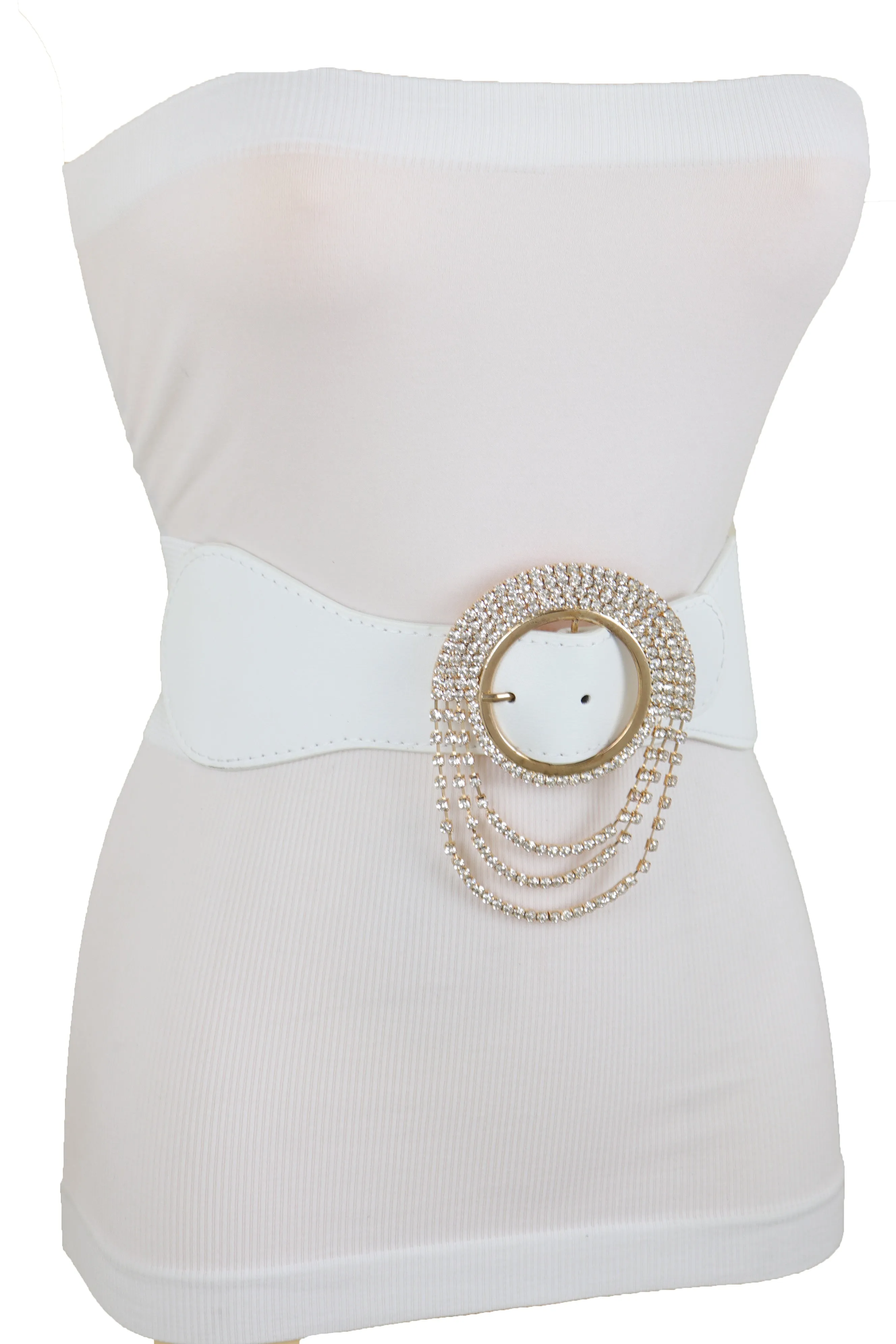 Elastic Winter White Color Fashion Wide Belt Gold Round Buckle Size S M