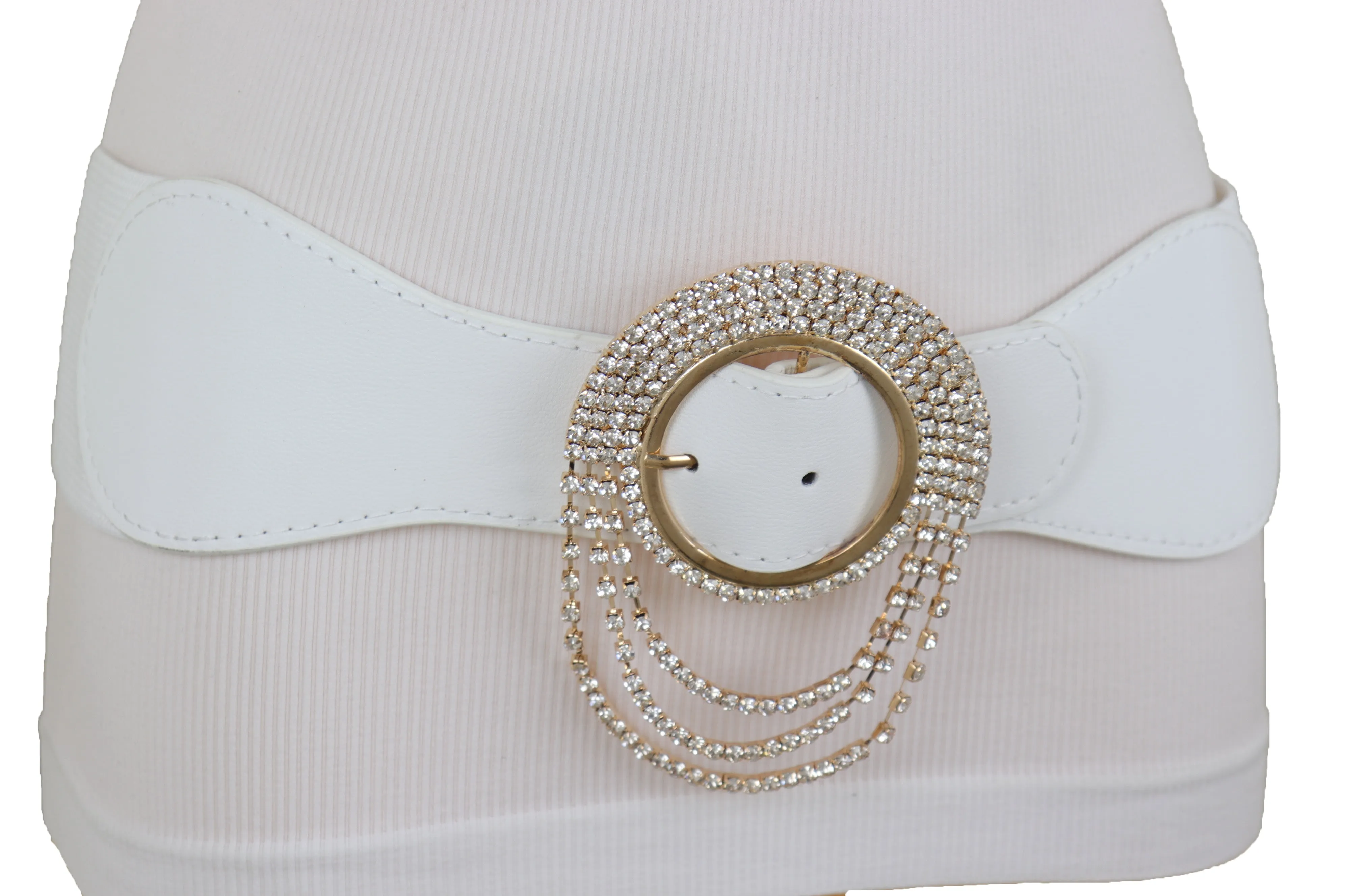 Elastic Winter White Color Fashion Wide Belt Gold Round Buckle Size S M