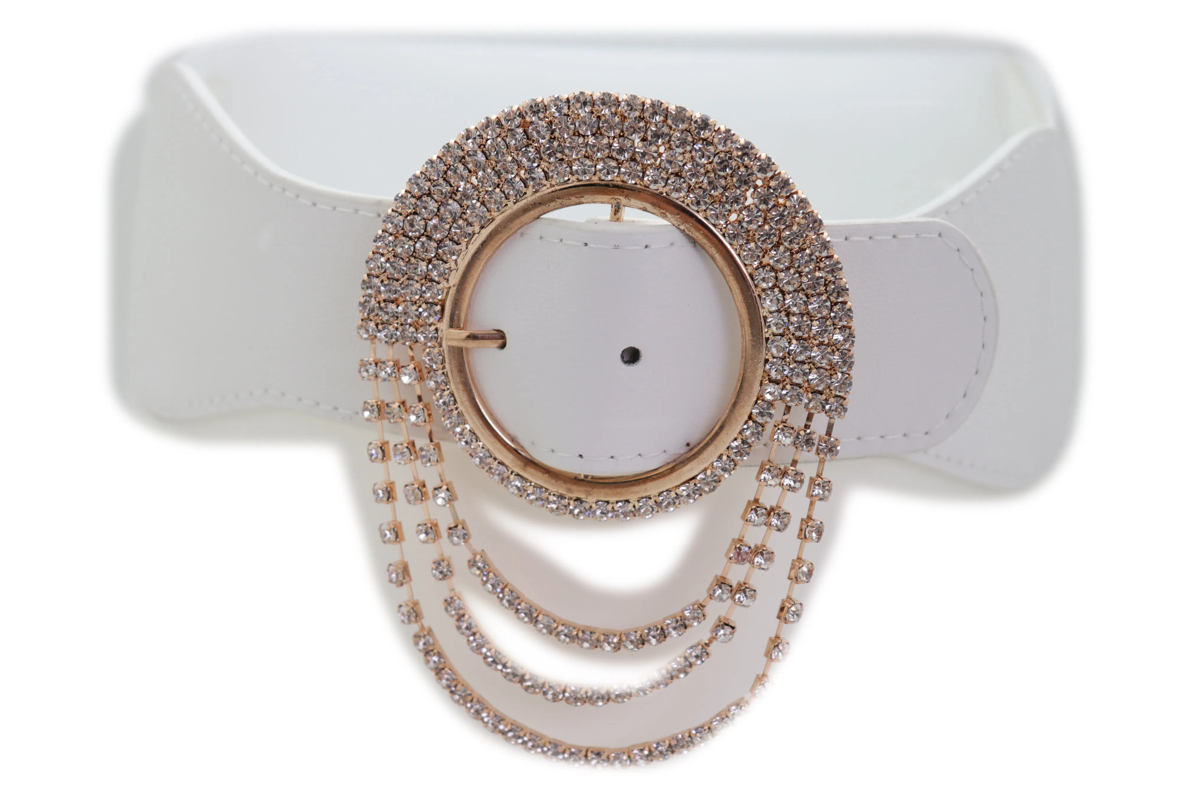 Elastic Winter White Color Fashion Wide Belt Gold Round Buckle Size S M