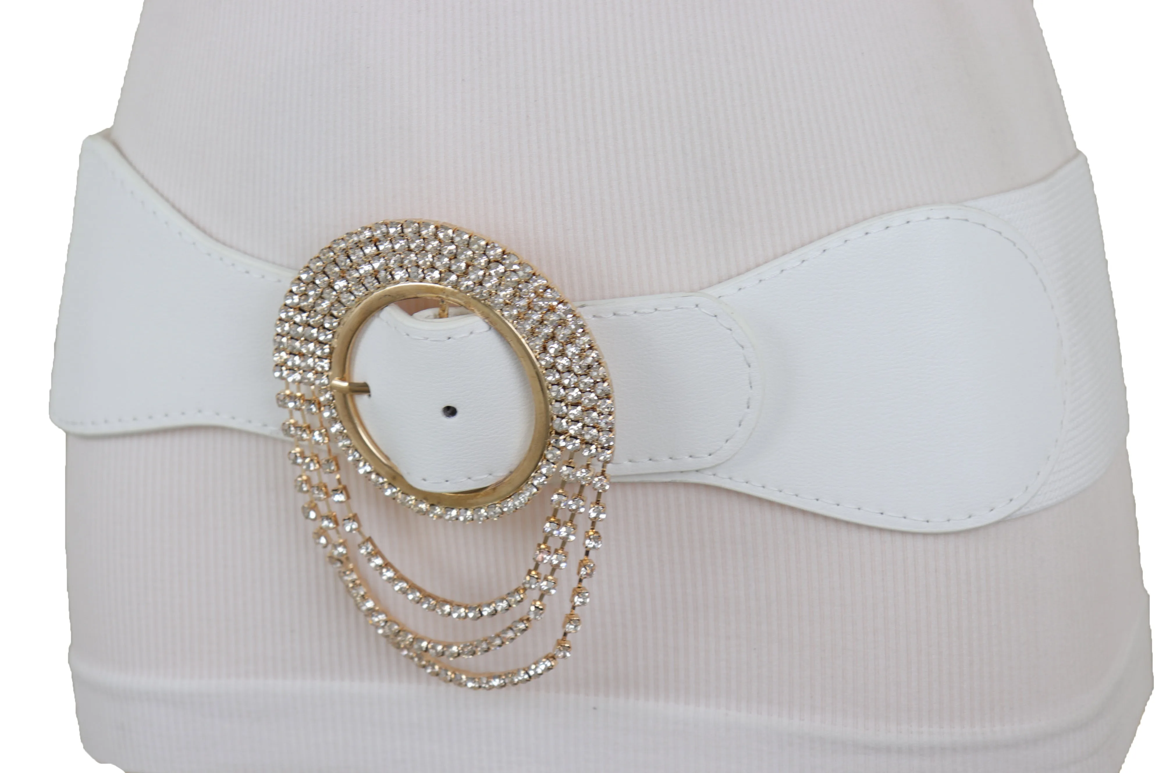 Elastic Winter White Color Fashion Wide Belt Gold Round Buckle Size S M