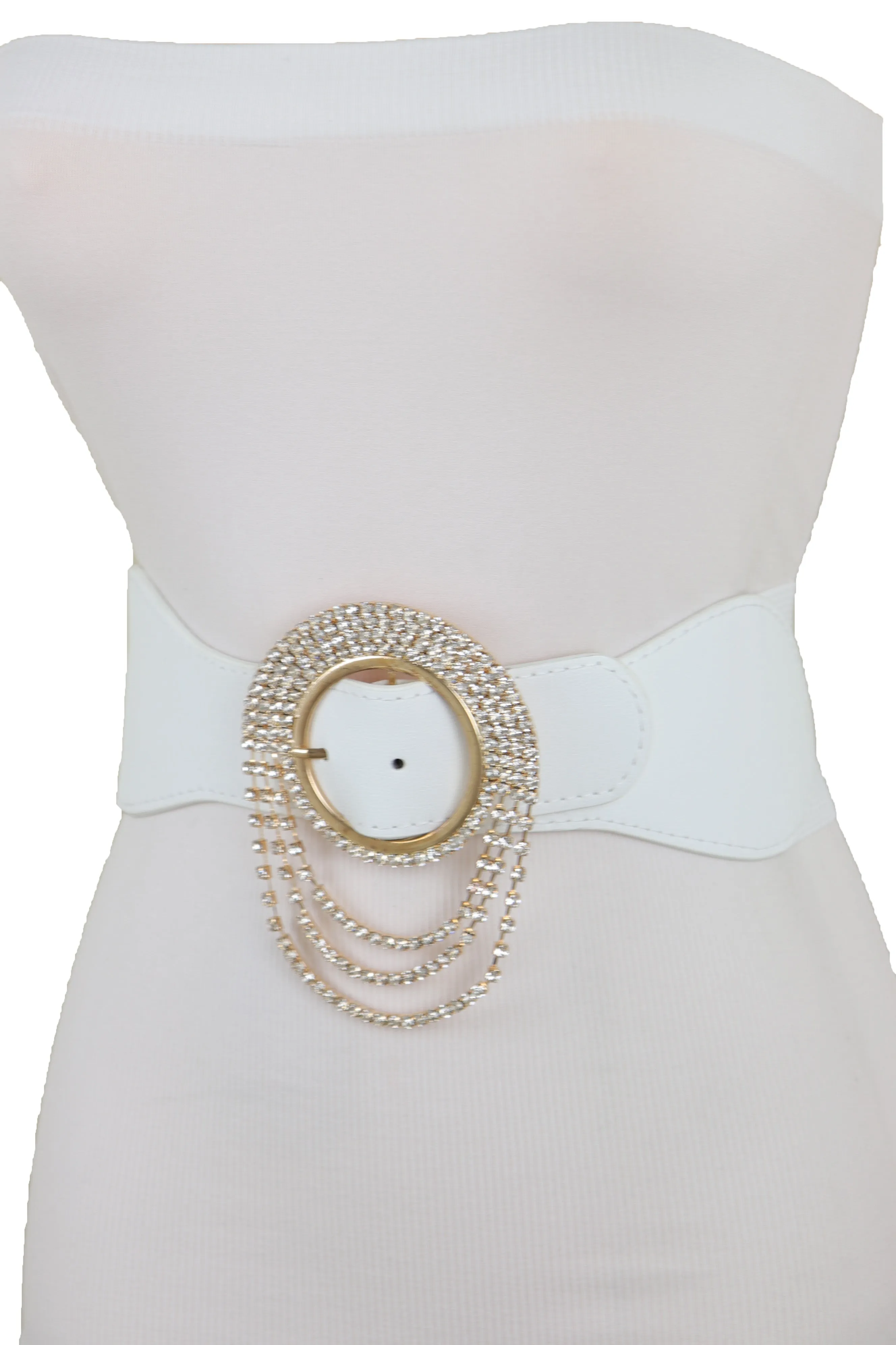 Elastic Winter White Color Fashion Wide Belt Gold Round Buckle Size S M