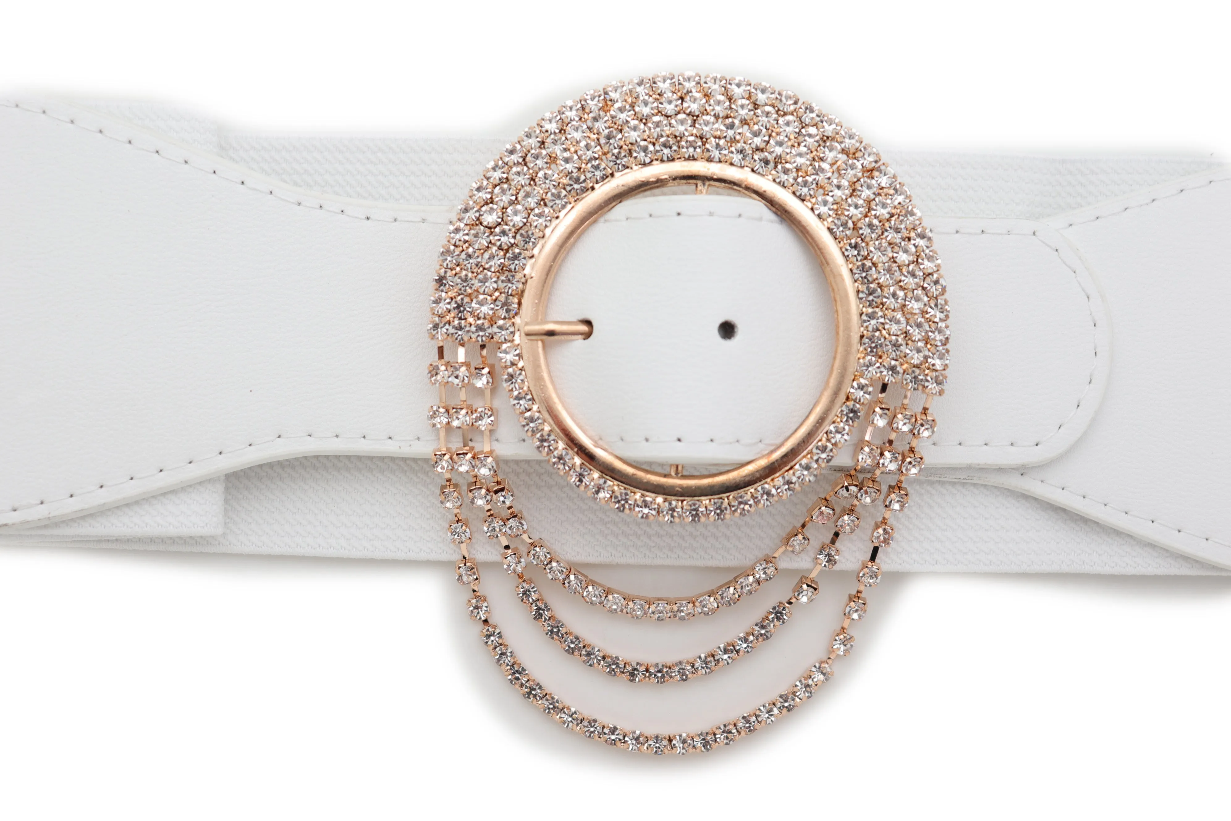 Elastic Winter White Color Fashion Wide Belt Gold Round Buckle Size S M