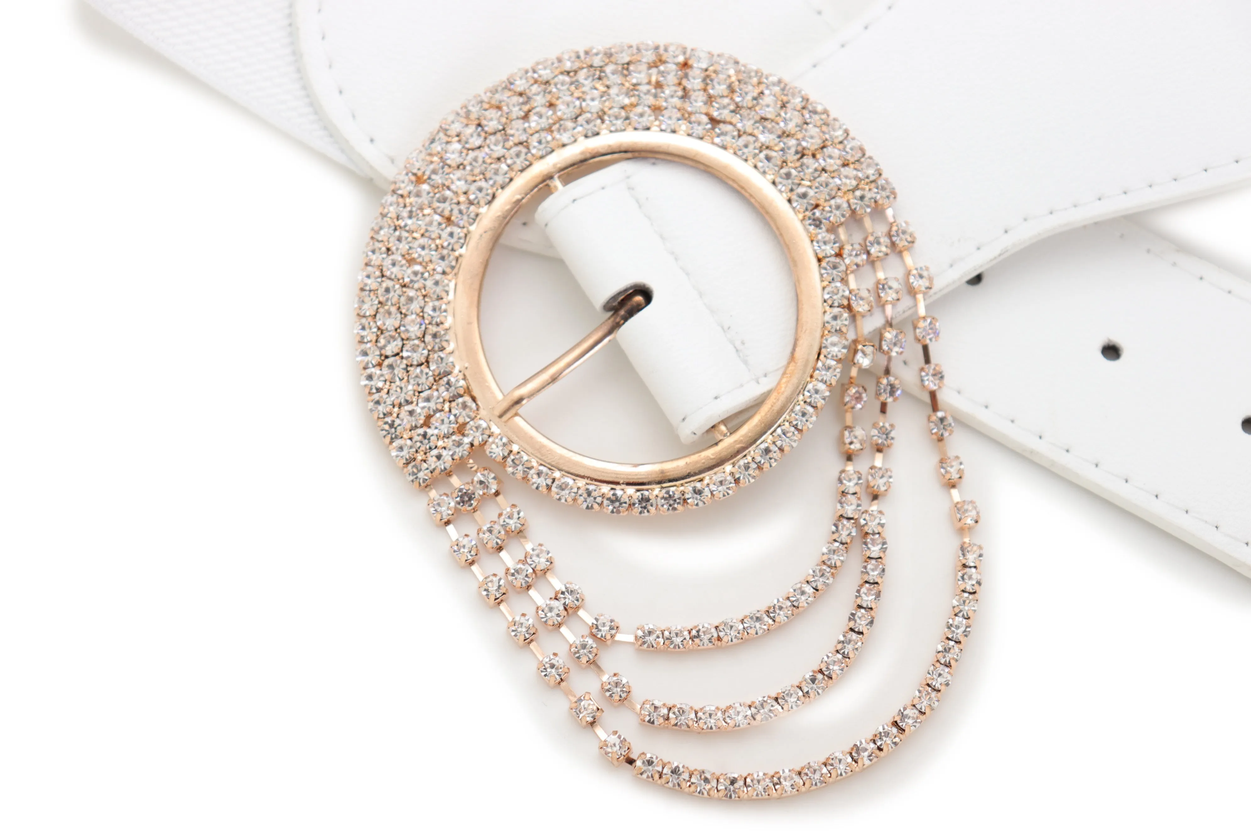 Elastic Winter White Color Fashion Wide Belt Gold Round Buckle Size S M