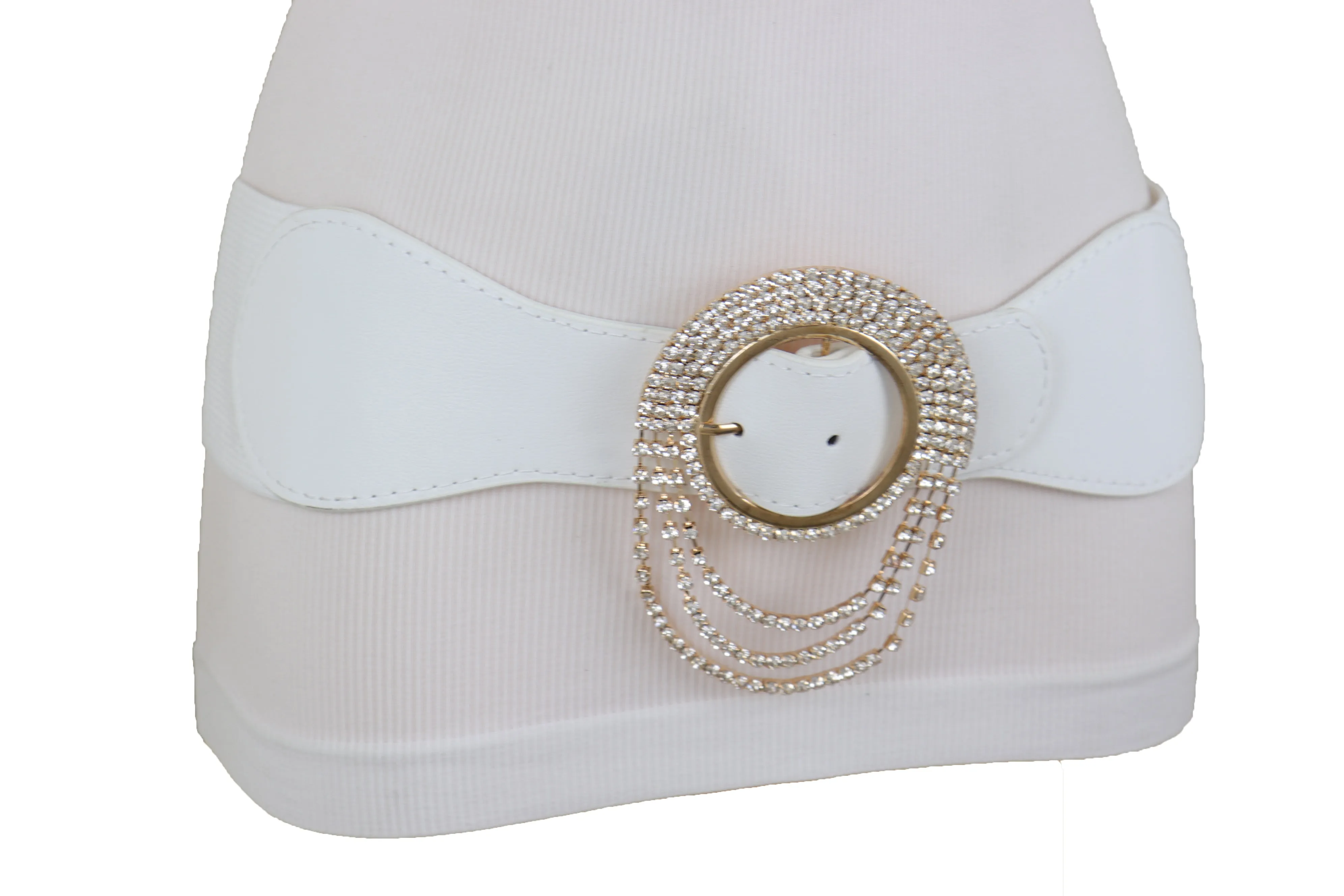 Elastic Winter White Color Fashion Wide Belt Gold Round Buckle Size S M