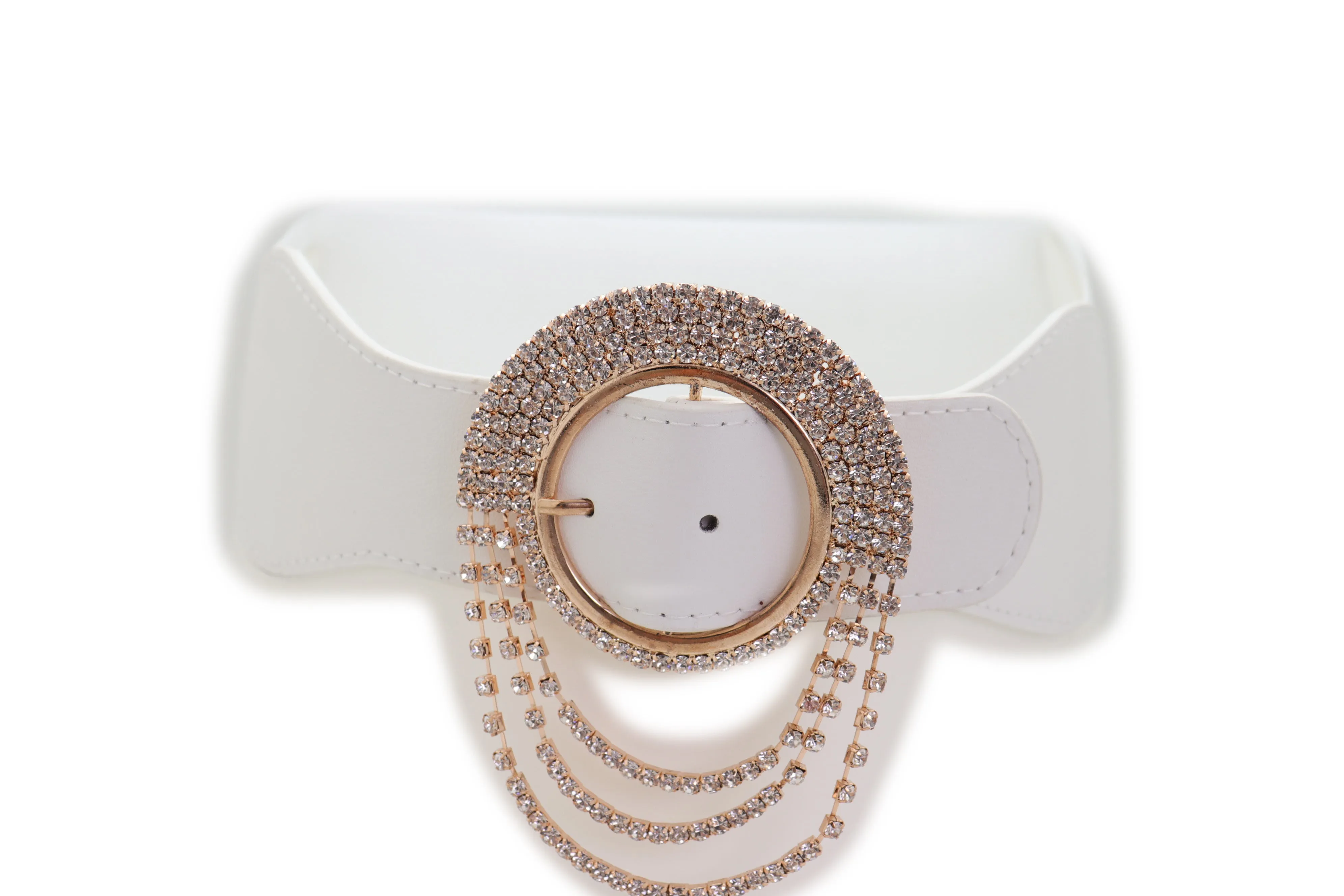 Elastic Winter White Color Fashion Wide Belt Gold Round Buckle Size S M